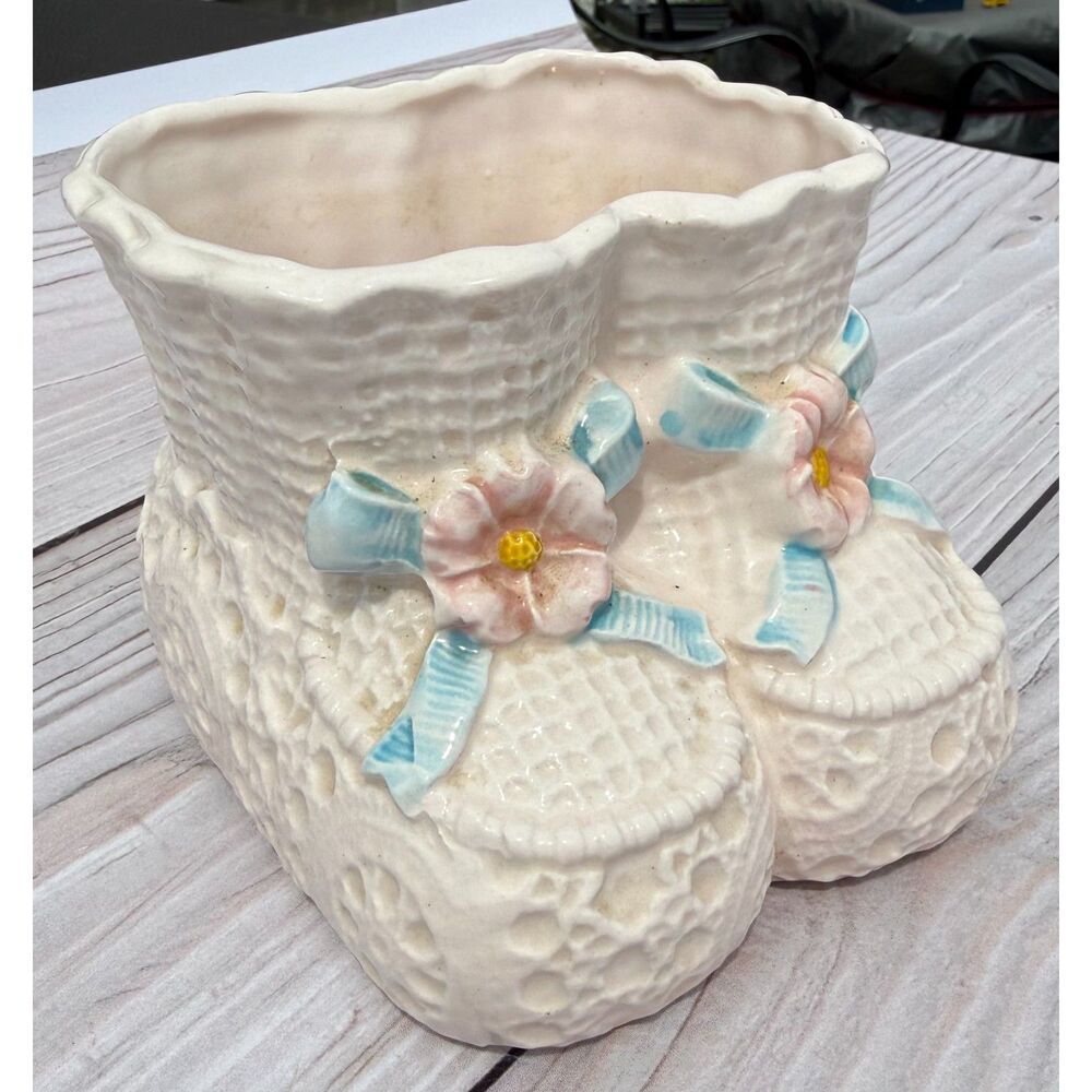Vintage *Rare* Relpo Crochet-Style Made in Japan Baby Booties Planter EUC